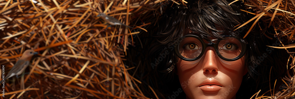 Poster a 3d birdwatcher with binoculars peeking through a nest-shaped hole on the top left. with bottom rig