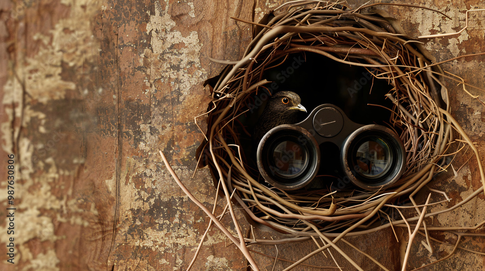 Aufkleber a 3d birdwatcher with binoculars peeking through a nest-shaped hole on the top left. with bottom rig