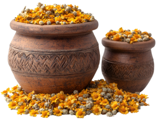 a couple of clay pots filled with flowers.