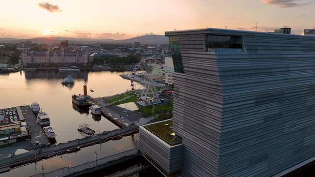 Behold this Stunning Aerial View Showcasing Modern Architecture and the Beautiful Waterfront. Oslo, opera along the seaside fjord, Norway
