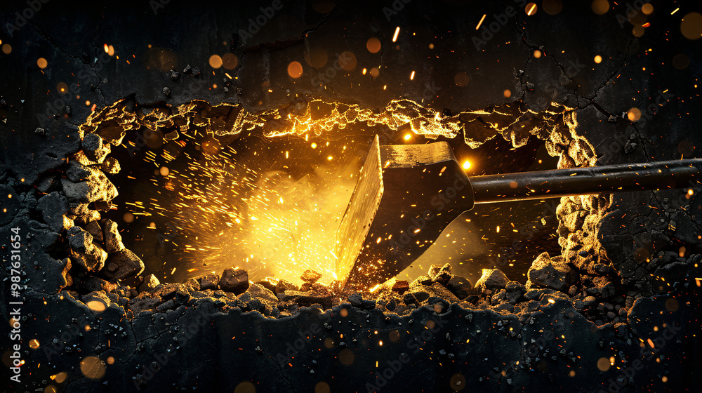 Aufkleber a 3d blacksmith forging through an anvil-shaped opening in the center. with surrounding blank copy s