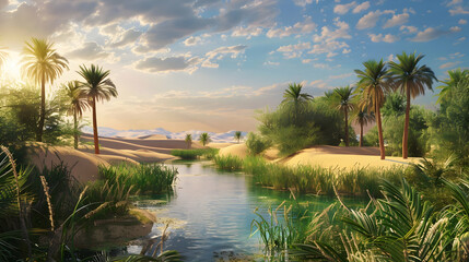Obraz premium Serene Oasis in the Desert Lush Greenery and Palm Trees