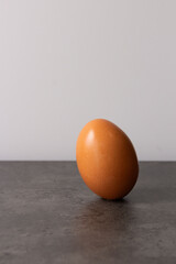 Standing brown egg over grey table, single isolated object, minimalistic.