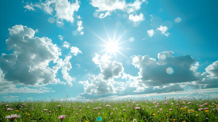 Obraz premium Summer Meadow Landscape with Blue Sky and Sun Rays