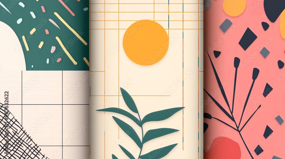 Poster abstract geometric shapes and patterns in a vibrant color palette.
