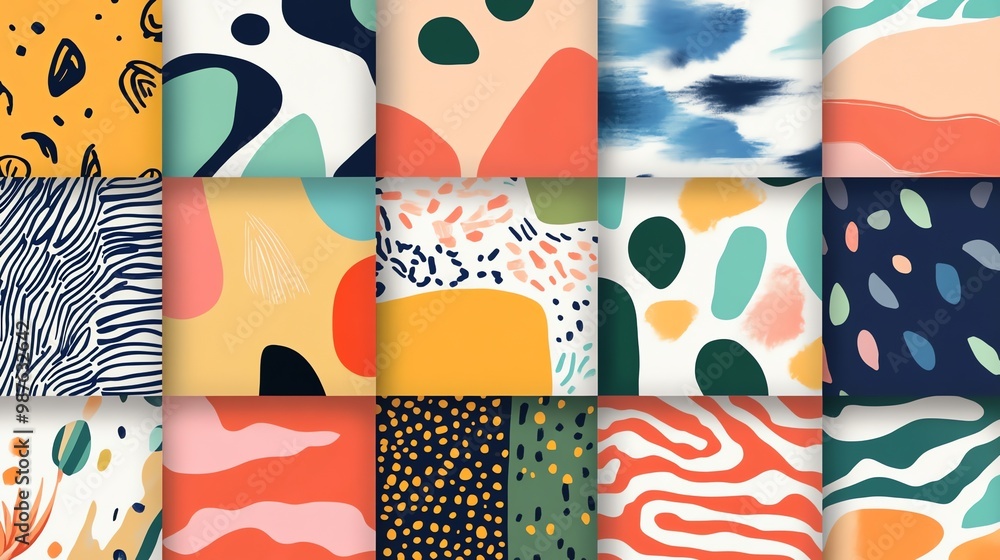 Poster a vibrant and colorful abstract pattern with geometric shapes, lines, and dots. perfect for adding a