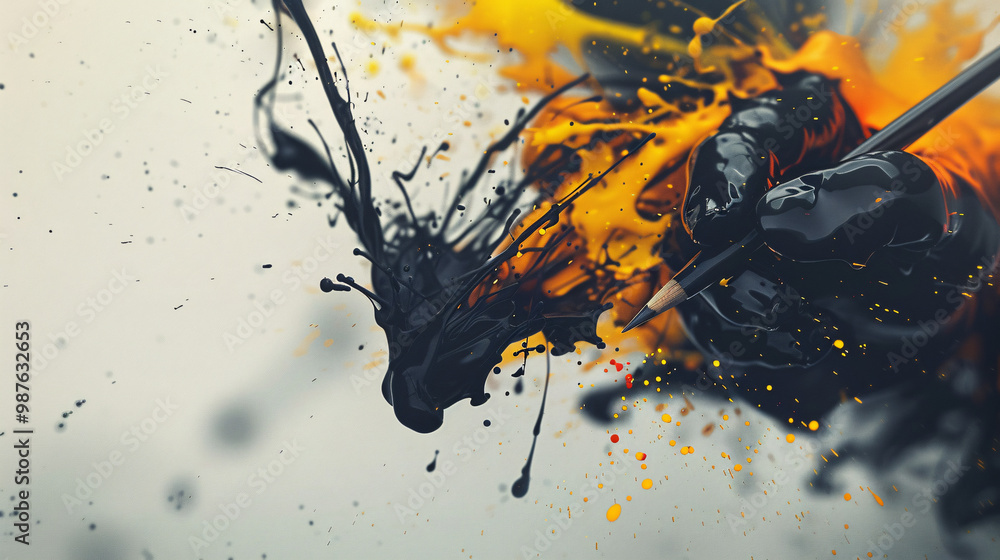 Poster a 3d calligrapher writing through an ink splash-shaped tear on the right. with left blank copy space