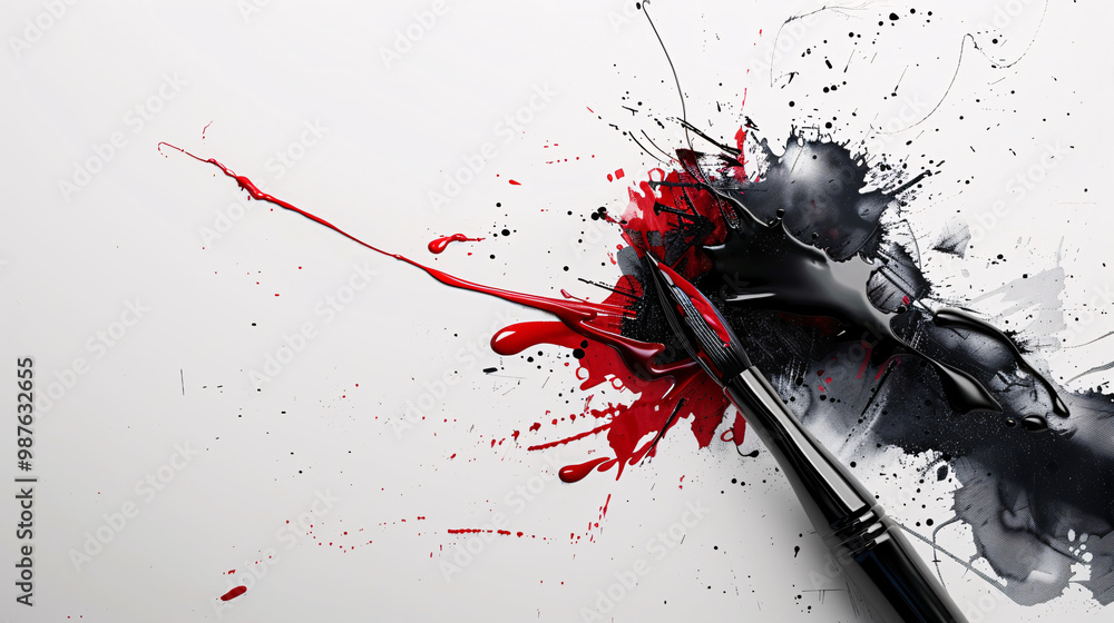 Poster a 3d calligrapher writing through an ink splash-shaped tear on the right. with left blank copy space