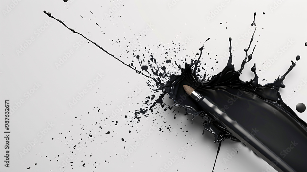 Poster a 3d calligrapher writing through an ink splash-shaped tear on the right. with left blank copy space