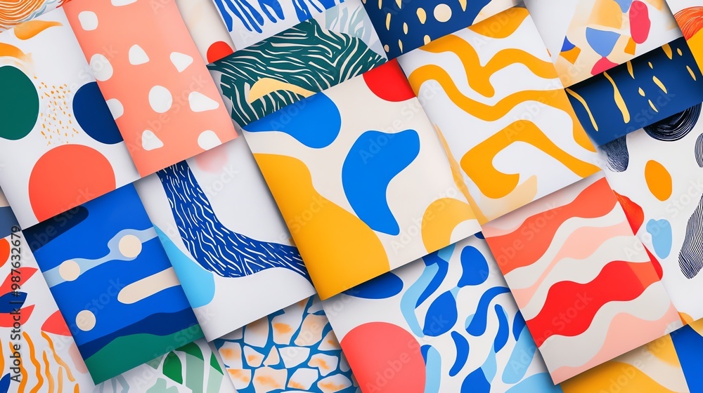 Poster a vibrant and playful abstract pattern featuring overlapping geometric shapes in a variety of colors