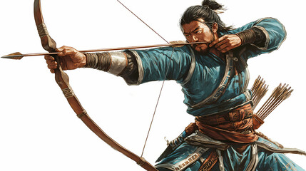 Mongol archer: a skilled mongol archer, poised with bow and arrow, ready for action against a white background. Mongolian Empire. Illustration