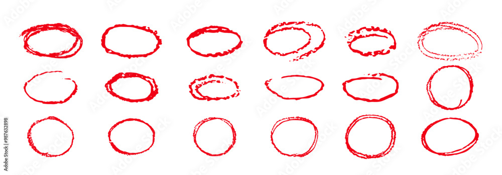 Poster Red pencil highlight circles. Crayon handwritten ellipses doodle style. Round rough thin frames children drawn. Vector collection of round freehand shapes for emphasis highlights in to do list or text