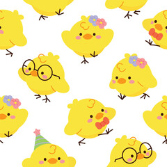 Cute Yellow Chick seamless pattern background vector. Animal hand drawn tile poster of duckling, duck, goose in pattern. Cartoon character creative design illustration for fabric, packaging, tiles.