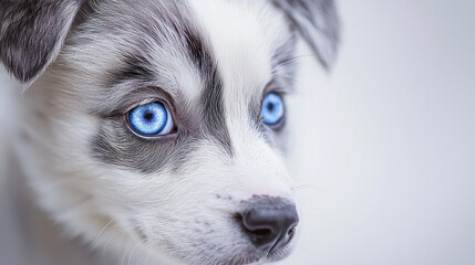 Fototapeta premium A close-up of a blue-eyed puppy with distinctive facial markings, capturing its limitless curiosity and innocence, as it stares intently at the camera lens.