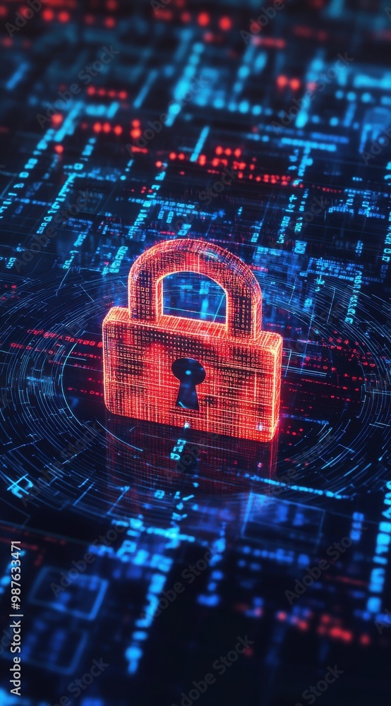 Poster digital illustration of a red padlock on a blue background representing cybersecurity and data prote