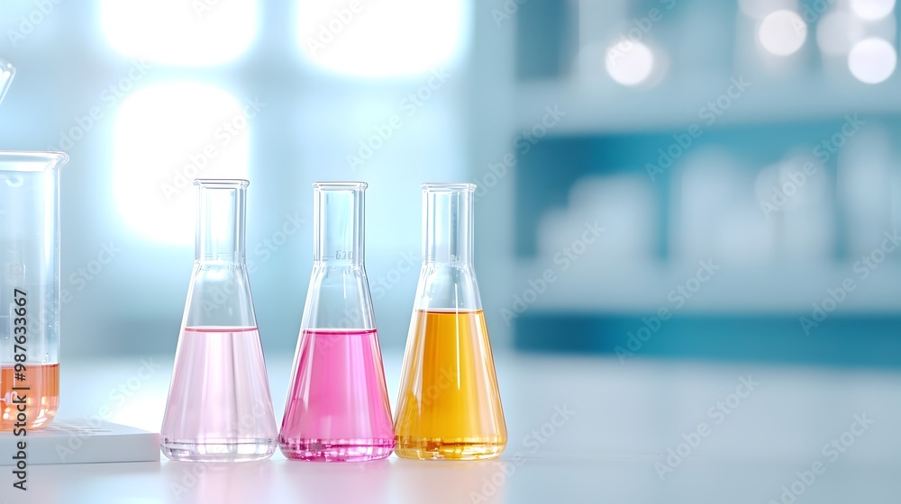 Poster scientific breakthrough dropping reagent in laboratory experiment - color change observed in glasswa