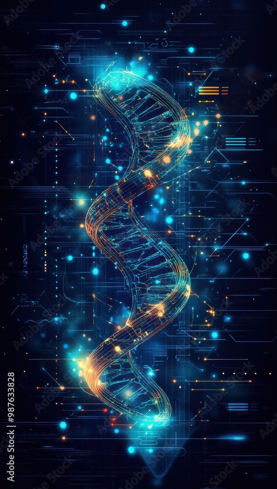 Poster abstract digital illustration of a glowing dna helix with futuristic elements and circuit patterns