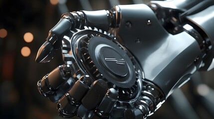 Fototapeta premium 3D visual of robot hand gripping mechanical part tightly image