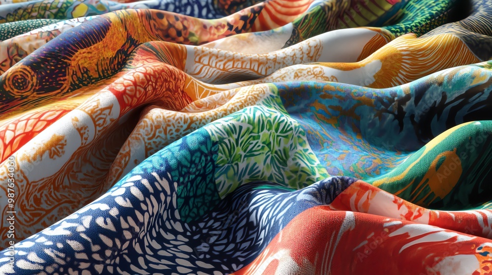 Poster a vibrant and colorful fabric with a variety of patterns and textures. the fabric is draped and fold