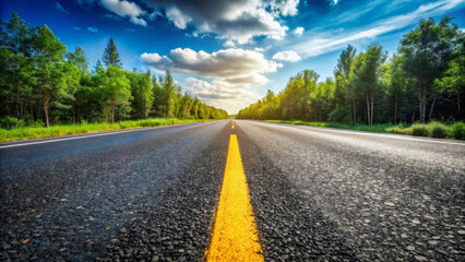 scenic view of asphalt road stretching into distance, flanked by lush green trees under bright blue sky with fluffy clouds. This image evokes sense of freedom and adventure