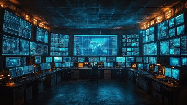 High-tech command centers monitor global operations on screens, Command center with multiple screens displaying ERP dashboards.