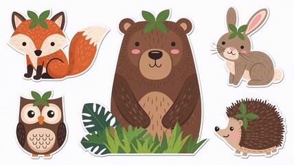 Cute wild animal stickers: fox, bear, rabbit, owl, hedgehog, jungle theme, isolated on a white background.