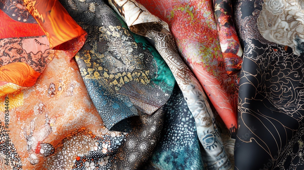 Poster a vibrant and abstract collection of colorful fabrics with intricate patterns.