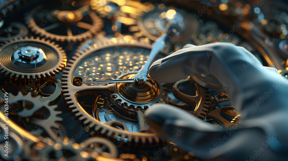 Poster a 3d clockmaker adjusting gears through a pocket watch-shaped hole on the bottom left. with top righ
