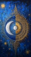 Fototapeta premium Painting of Sun and Moon Split in Half, Minimalist, Surreal, Abstract Image, Texture, Pattern Background, Wallpaper, Cover and Screen for Smartphone, PC, Laptop, 9:16 and 16:9 Format