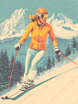Poster illustration of a woman skiing at a ski resort in 1960's pop art style