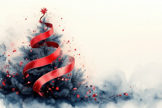 A sleek graphite Christmas card with a single red ribbon swirling upwards, forming an abstract tree shape, with small, subtle green leaves scattered at the base, leaving the center empty for text