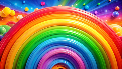 Vibrant rainbow colors create joyful and playful atmosphere, with smooth, circular shapes and colorful spheres enhancing cheerful scene