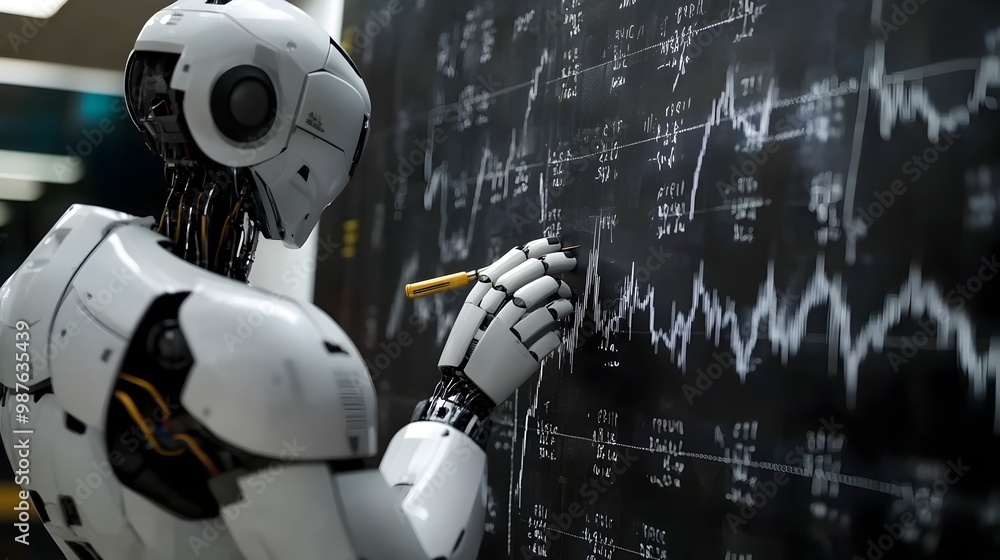 Poster robot arm writing trading algorithms on a virtual blackboard conceptual of automated financial analy