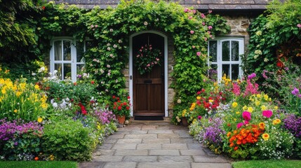 A classic English front yard with vibrant flowers, stone paving, and a picturesque arch covered in climbing ivy, no people, no logo.