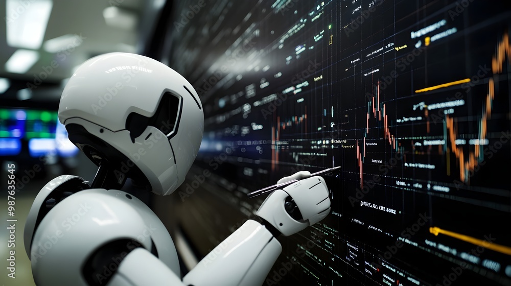 Poster robotic arm meticulously designing algorithmic trading strategies on a futuristic virtual blackboard