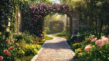 A cozy English country garden with brick pathways, cottage-style blooms, and a trellis covered in climbing roses, no people, no logo.
