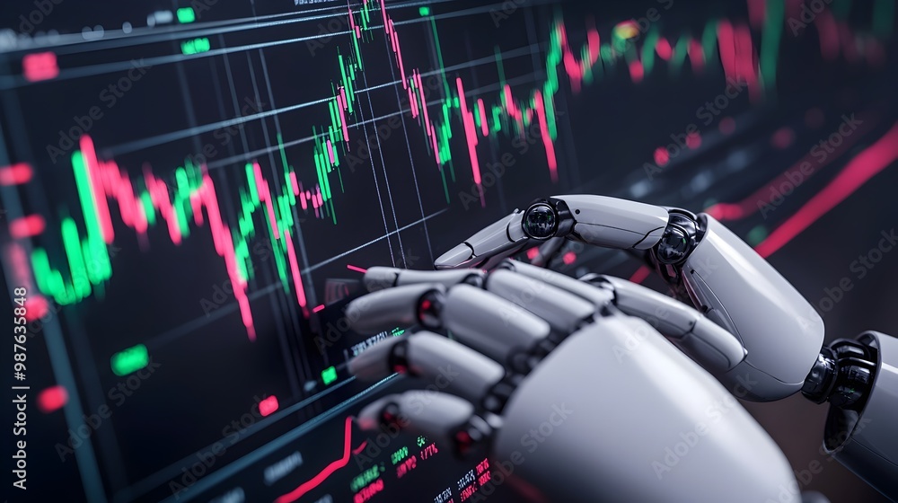 Poster robotic hands interacting with 3d virtual financial data visualization futuristic and conceptual of 