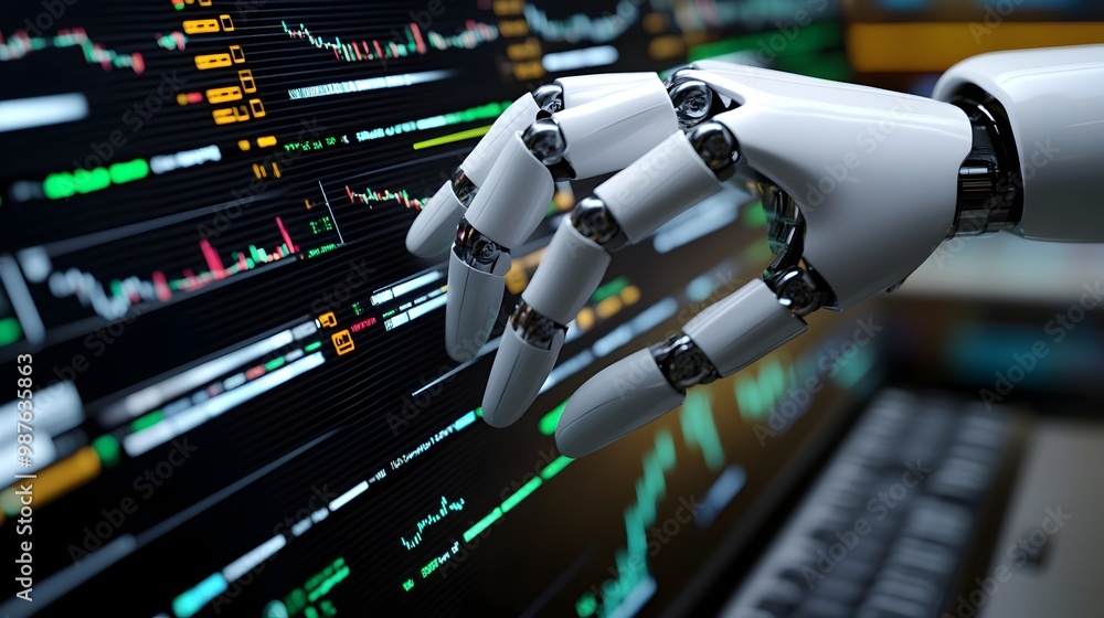 Poster robotic hand carrying out a digital trade transaction on a futuristic financial market control conso