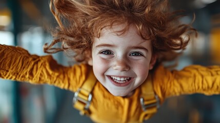 A joyful child with curly hair smiles widely, wearing a vibrant yellow outfit. The image captures a moment of pure happiness and carefree childhood spirit.