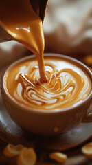 A butterscotch latte being poured into a cup, rich creamy texture and butterscotch swirls visible, warm and cozy indoor setting, soft lighting, detailed focus on the pouring action