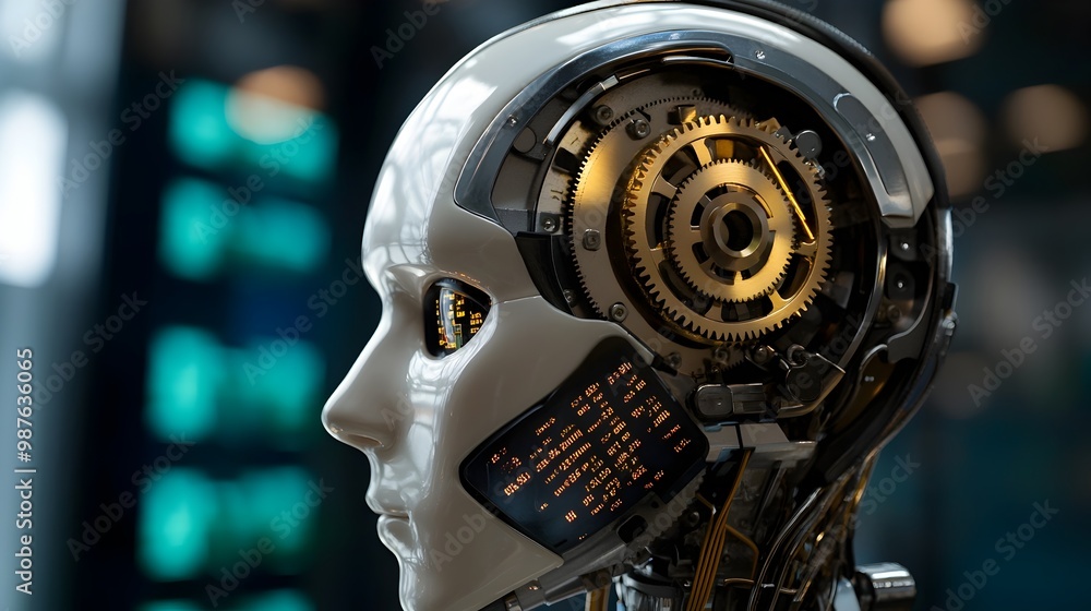 Poster robotic head with intricate mechanical gears turning and processing real time market data showcasing