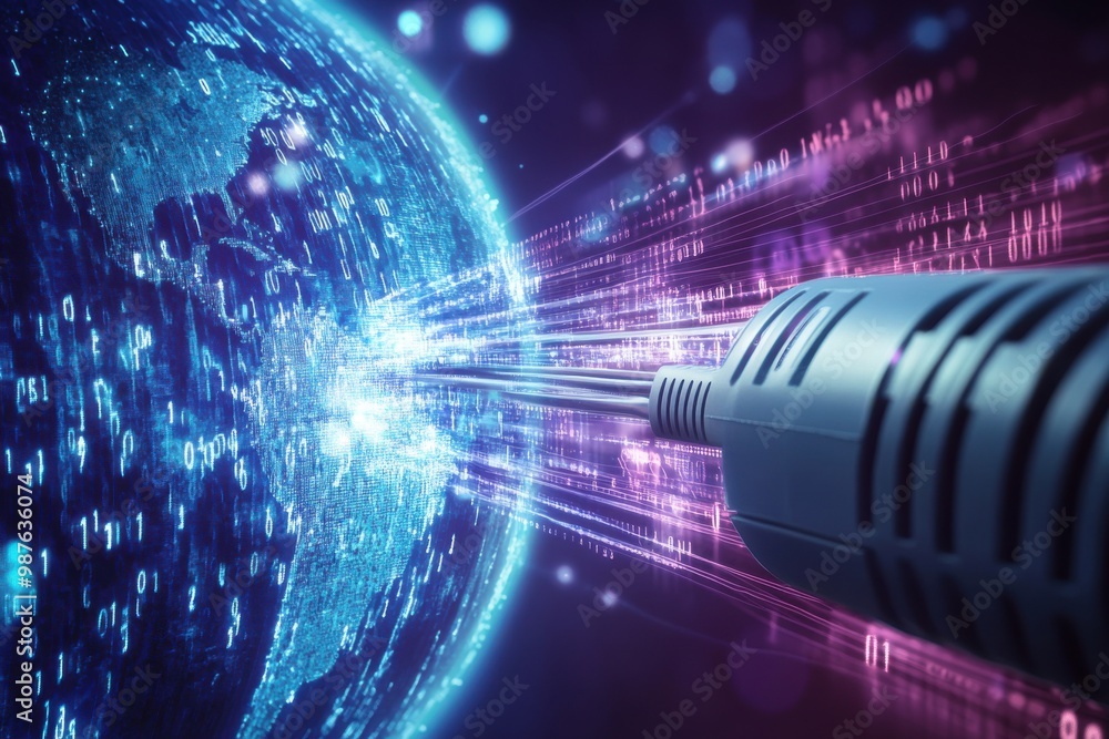 Aufkleber creative digital illustration of a glowing internet cable with vibrant colors and binary code, repre
