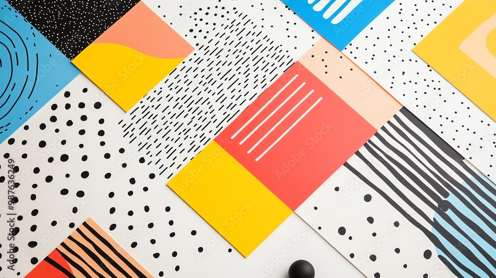 Poster a vibrant and playful abstract background featuring a mix of geometric shapes and patterns in bold c