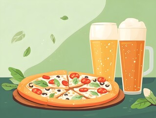 Savory pizza and foaming beer displayed on a rustic wooden table against a minimalist green nature backdrop