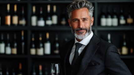 A sophisticated man in a black suit holds a glass of wine, standing in front of a wall filled with various wine bottles, exuding elegance and confidence.