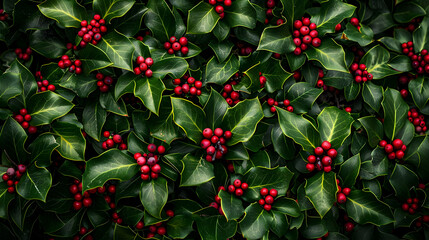 Obraz premium Red Berries and Green Leaves A Festive Holly Bush