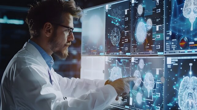 
: Doctors diagnosing digital patient records on a virtual medical network, representing global healthcare technology and advanced medical tech solutions 