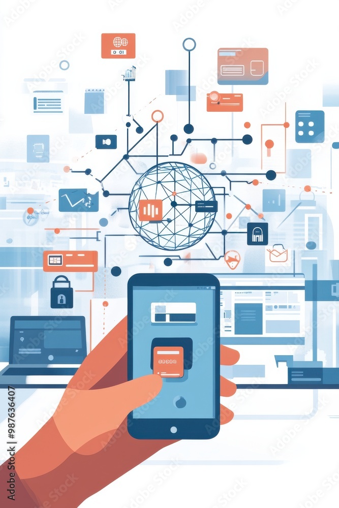 Poster digital illustration of a hand holding a smartphone with connected technology icons and internet net