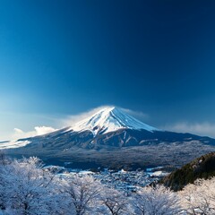冬の朝、富士山が雪で真っ白