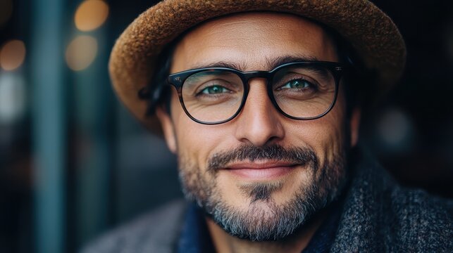 A man sporting glasses and a green hat smiles warmly and sincerely in a close-up, capturing a casual and friendly atmosphere in a cool setting.